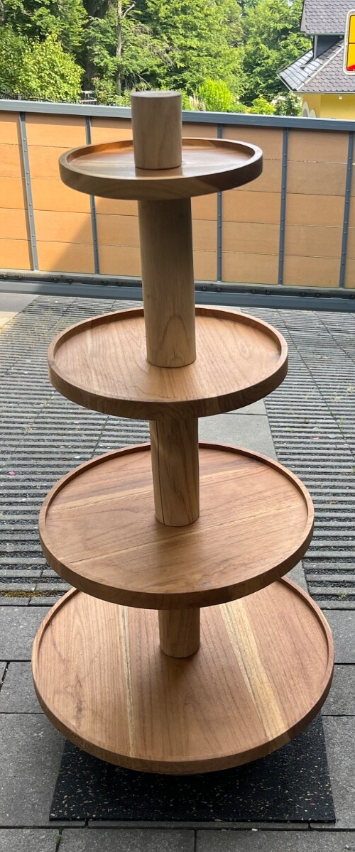Große Holz Etagere Teakholz 125cm Höhe, 60cm Durchmesser) - 5 kg / Handgefertigt